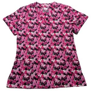 Revel Premium Stretch Pink Butterfly AOP - Women Medium Scrub Top‎ EUC